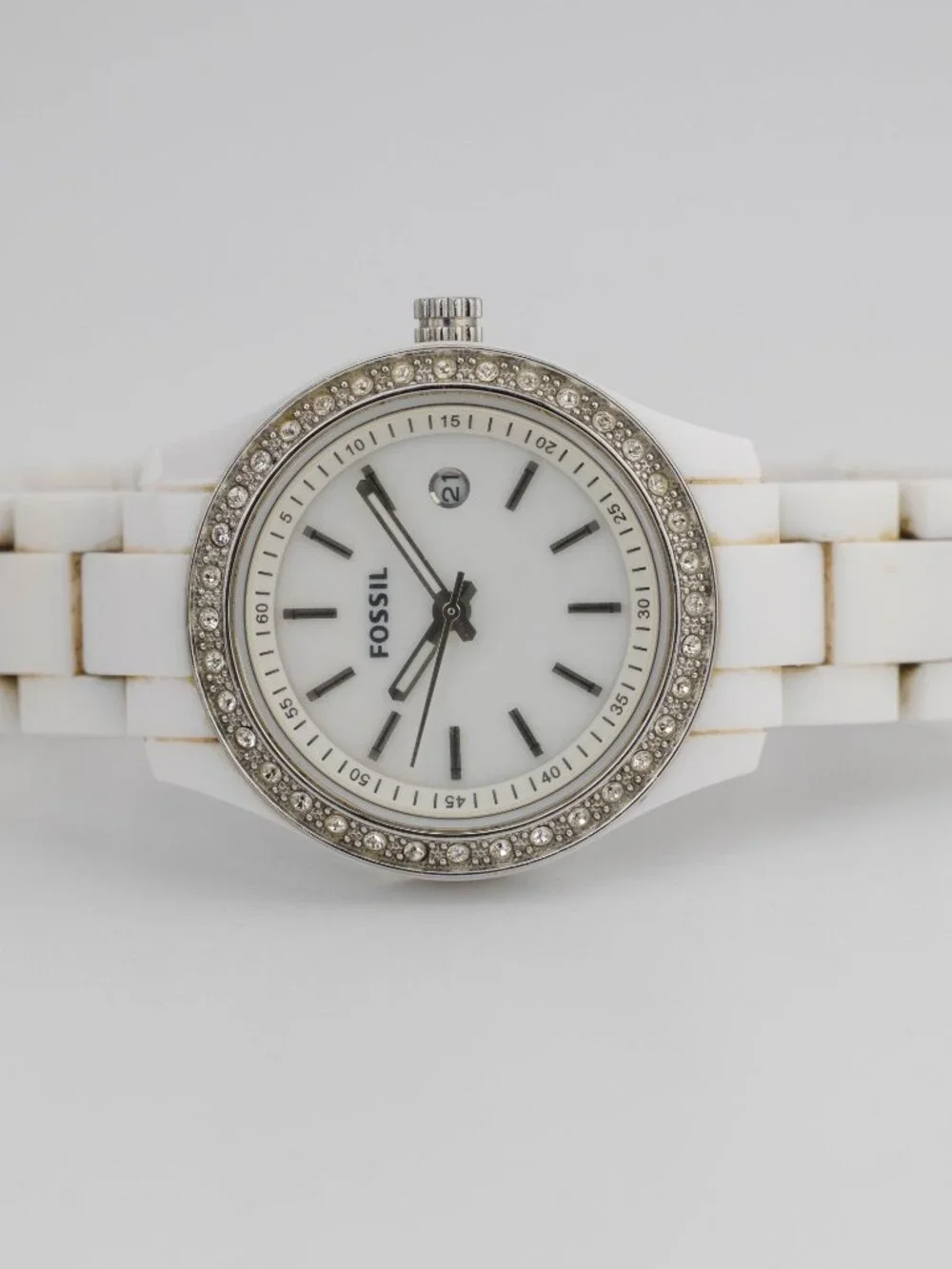 FOSSIL ES-2437 Stella White Resin Date Quartz Analog Women's Watch New Battery